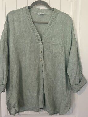 J. Jill Pure Jill Linen Tunic Shirt 3/4 Sleeve Popover V-Neck Green Lagenlook S